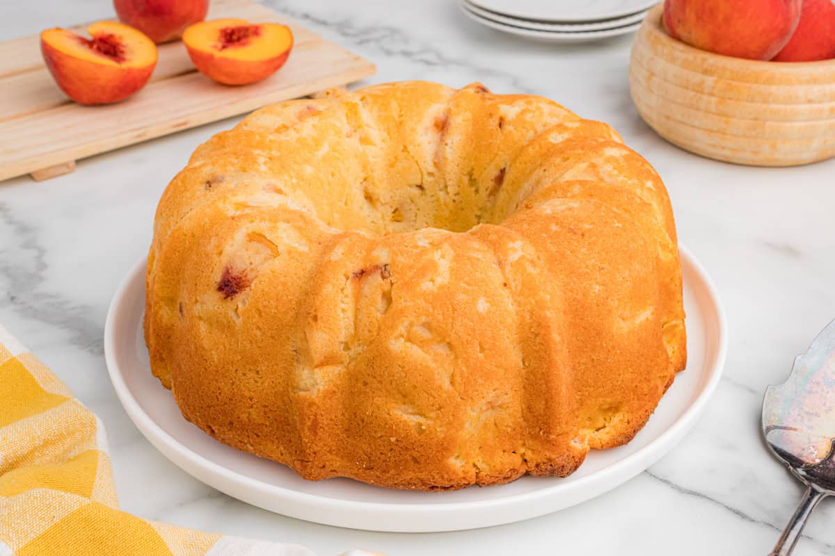 Plain unfrosted fresh peach pound cake.