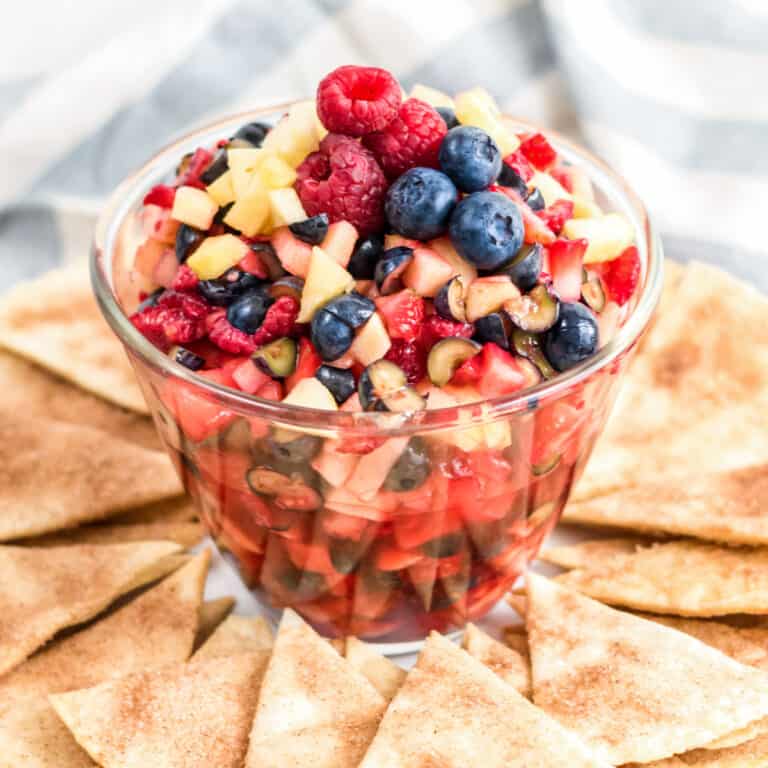 Fruit salsa with cinnamon chips.
