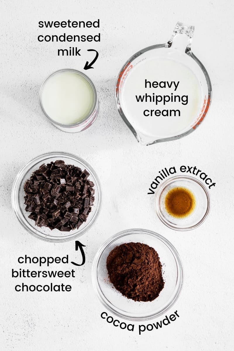 Chocolate Ice Cream Ingredients on counter top in glass bowls: heavy whipping cream, vanilla extract, chopped bittersweet chocolate, cocoa powder, and a can of sweetened condensed milk