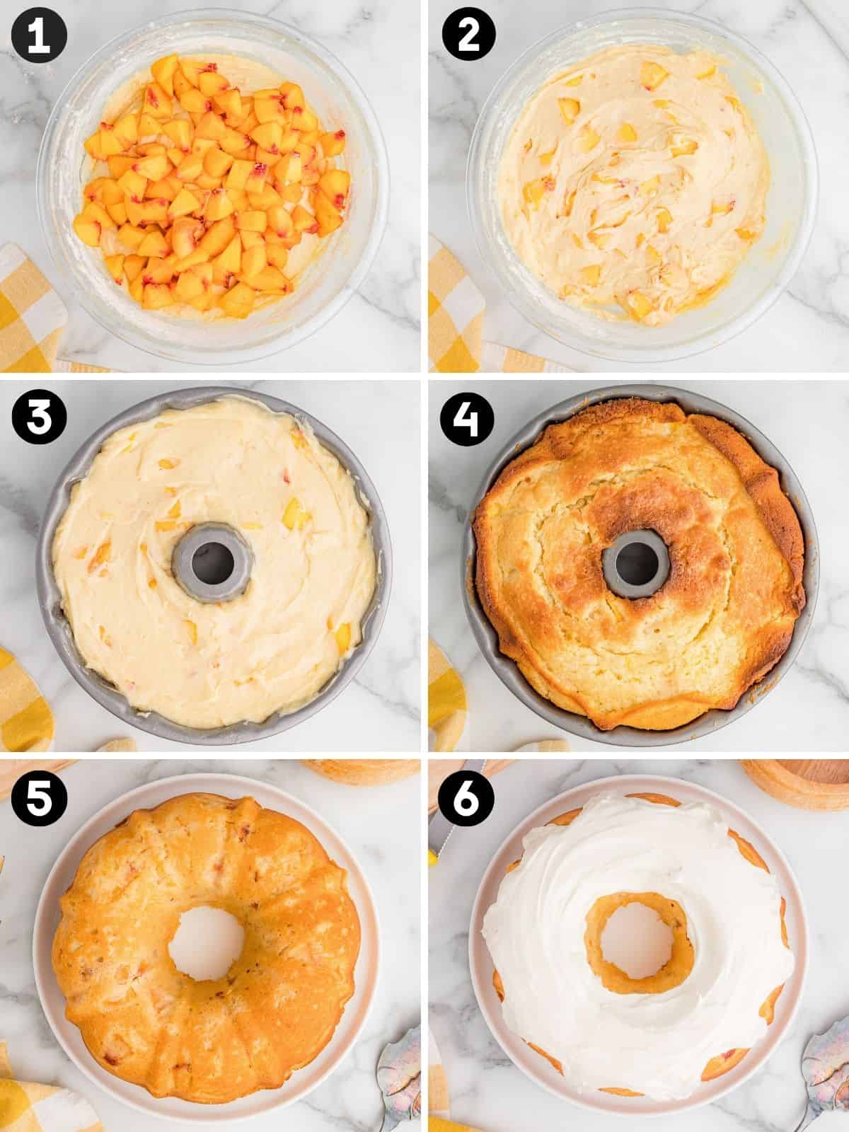 Collage pin with six numbered images showing steps to make a peach bundt cake: diced peaches added to batter in a bowl, peaches folded into batter, batter spread in a bundt pan, baked cake in the pan, plain cake on a plate, and cake topped with white frosting.