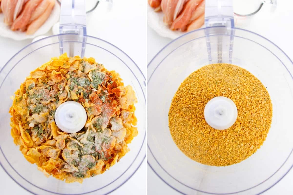 two image collage: on left, food processor with cornflakes and spices. On right, food processor with the mixture coarsely ground