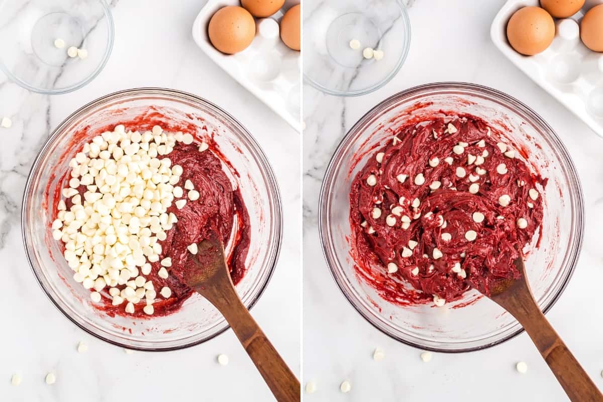 Two image collage: On left, red velvet cookie batter with white chocolate chips on top; on right, red batter with chips mixing in