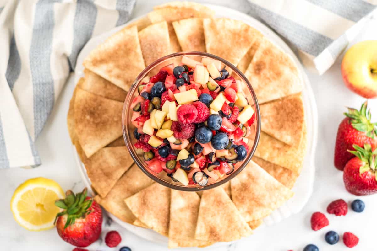 Apple and berry fruit salsa dip served with cinnamon tortilla chips for dipping