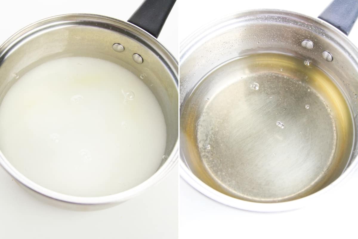 2 image collage: on left, saucepan with sugar and water. On right, sauce pan with water and sugar that has dissolved