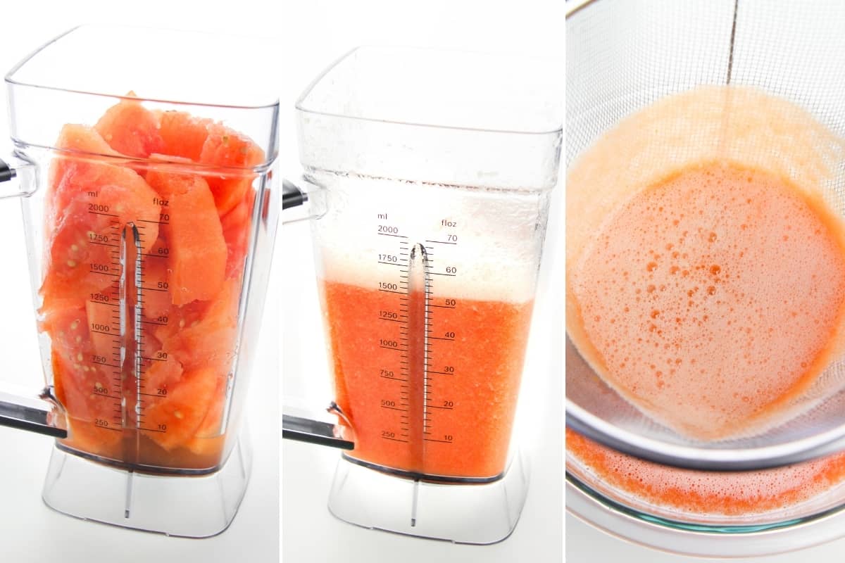 3 image collage: on left- chopped watermelon in blender. In middle - pureed watermelon in blender. On right: watermelon puree going through mesh strainer