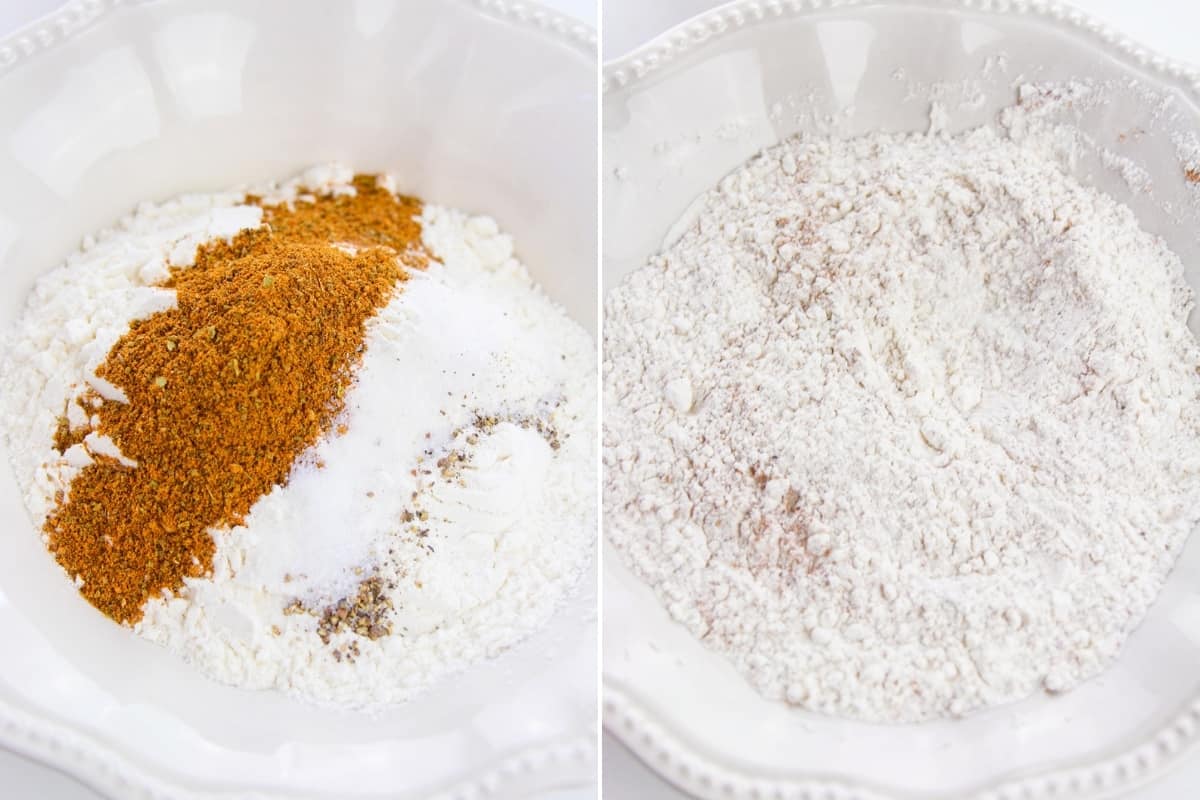 on left, flour and seasonings unmixed; on right a shallow bowl with stirred flour mixture