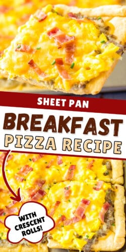 Pinterest Image, reads: Sheet pan breakfast pizza recipe with crescent rolls