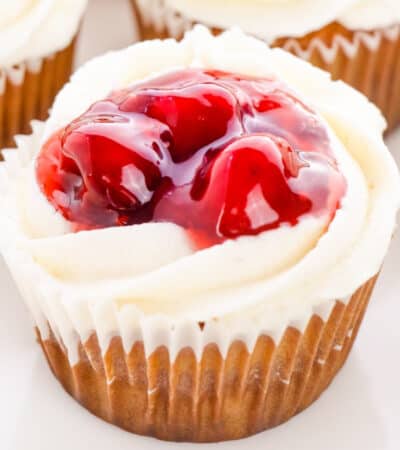 Cherry Pie Cupcakes with buttercream frosting and cherry pie filling