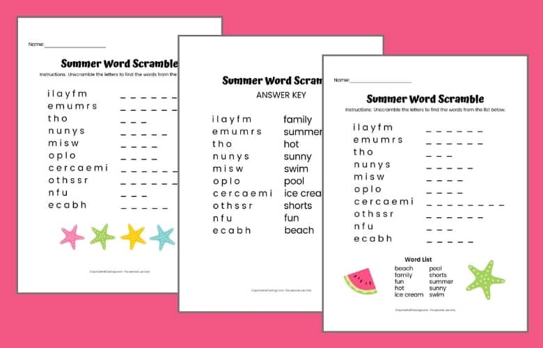 3 pages: Summer word scramble with word bank, without word bank, and answer key