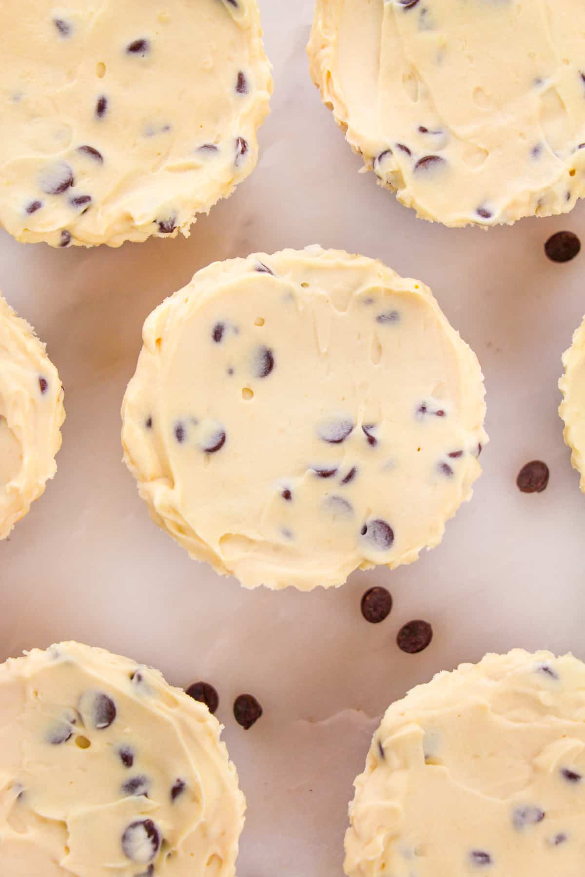 Overhead picture of top of no-bake cookie dough cheesecake cups