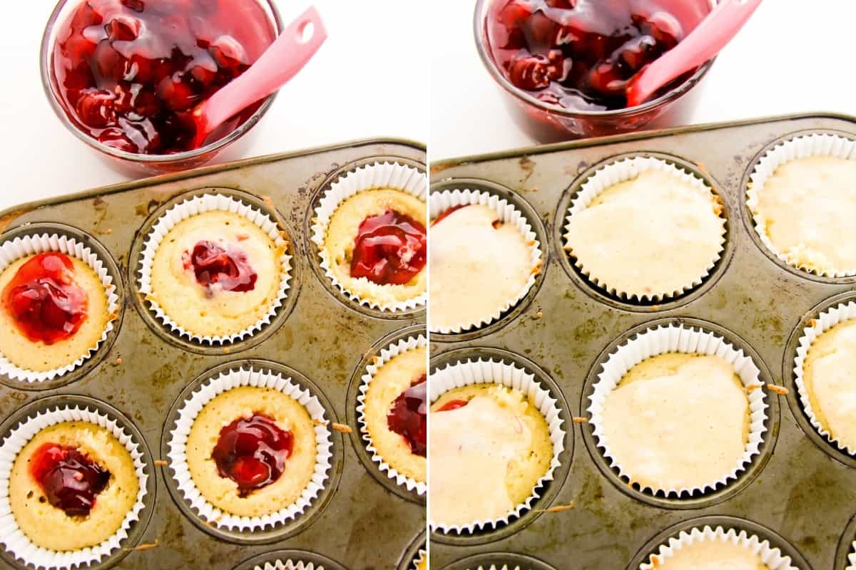 On left: cupcake pan with liners and cupcakes topped with spoonful of cherry pie filling. On right: same, but topped with additional cupcake batter