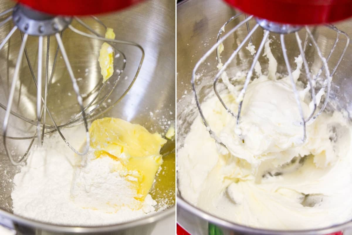 on left: butter and sugar in the bowl fo a stand mixer fitted with whisk attachment. On right: light and fluffy creamed butter and sugar