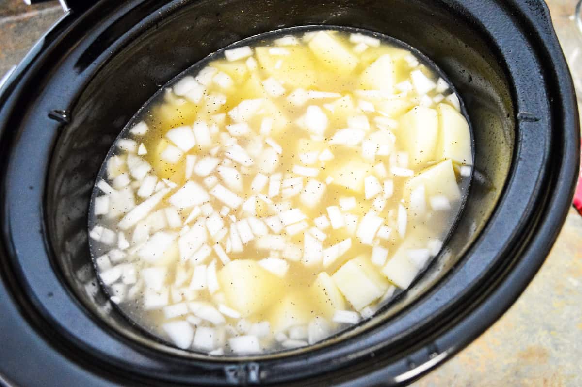 Baked potato soup ingredients in crockpot