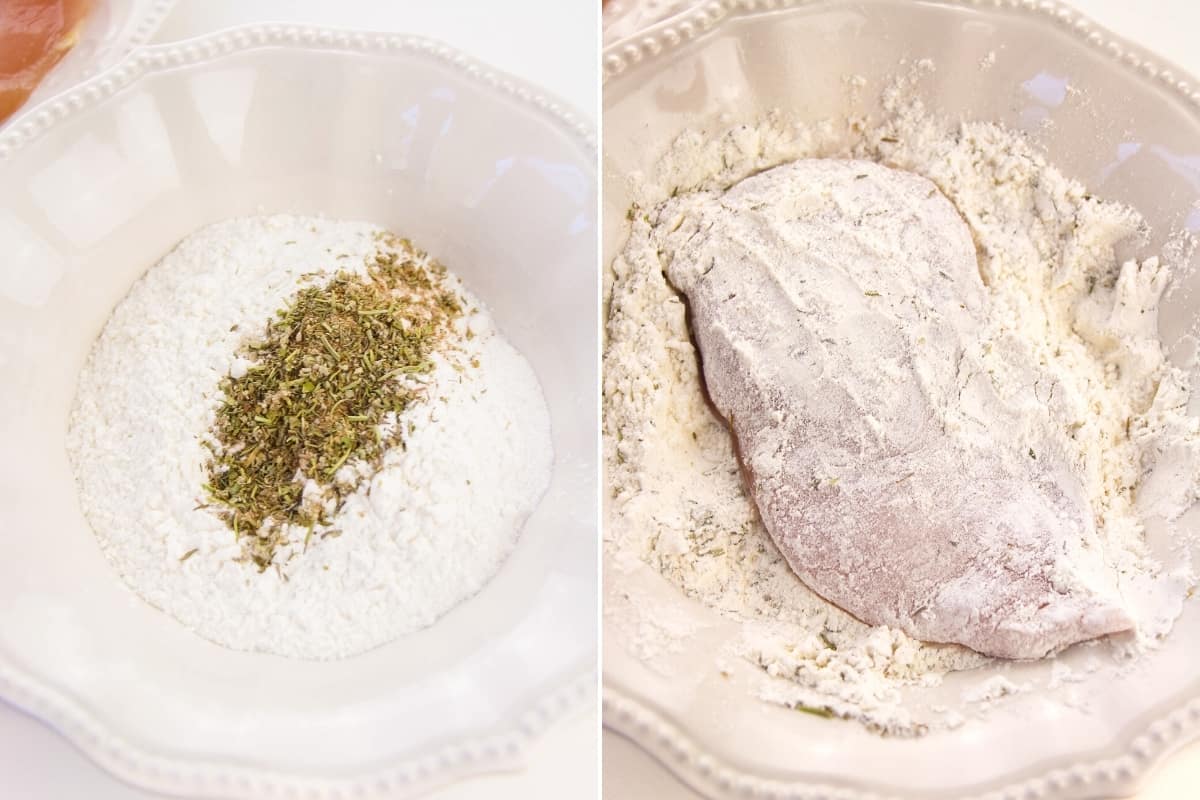 2 image collage. On left, large plate with flour and seasonings. On right; chicken breast coated in the flour mixture