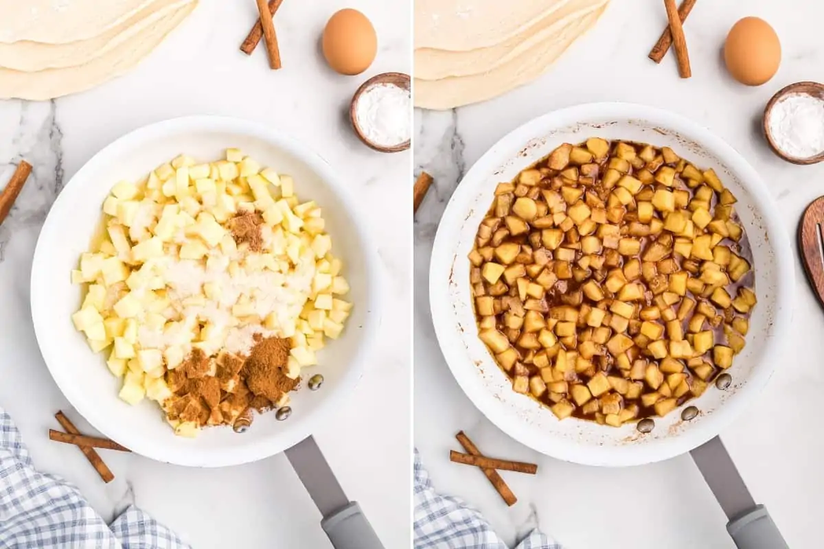 Two image collage. On left, white pan with cubed apples, lemon juice, sugar, and seasonings. On right, same but with ingredients stirred together.