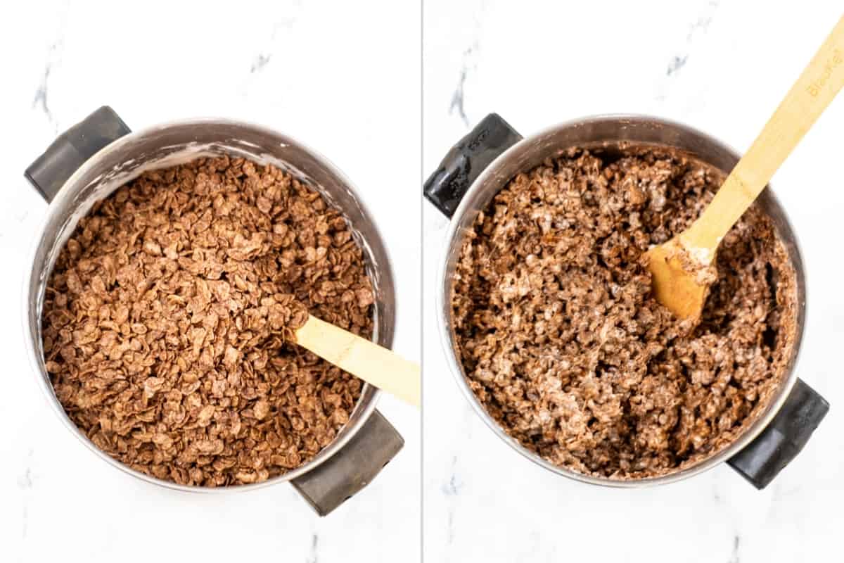 2 image collage: On left, Cocoa Krispies cereal in pot with wooden spoon. On right, Cocoa Krispies cereal coated in marshmallow mixture in pot.
