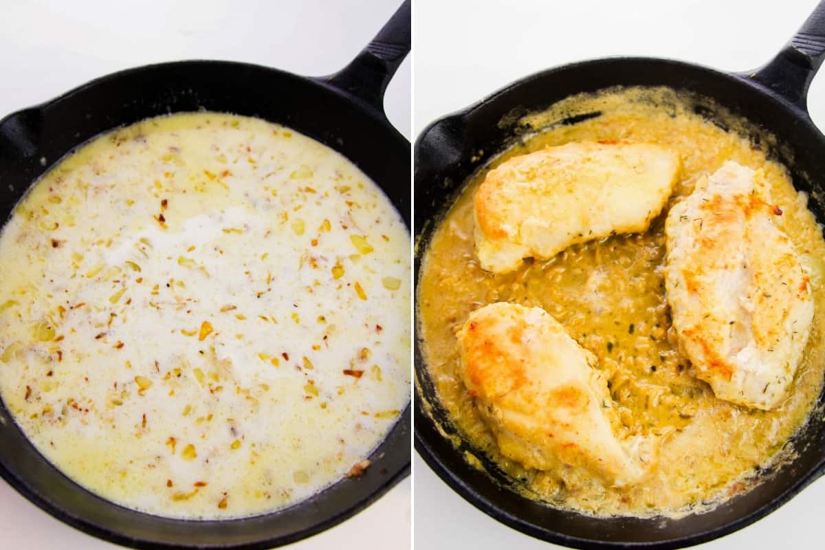 2 image collage. On left: creamy sauce in skillet. On right: 3 smothered chicken breasts in skillet