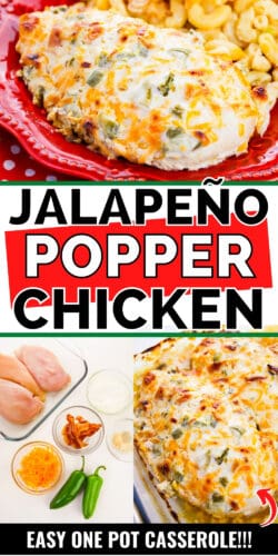 Pinterest image, reads: Jalapeno popper chicken, easy one pot casserole