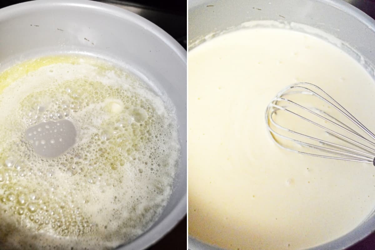 Left: butter and flour in saucepan; right: roux in saucepan with wire whisk