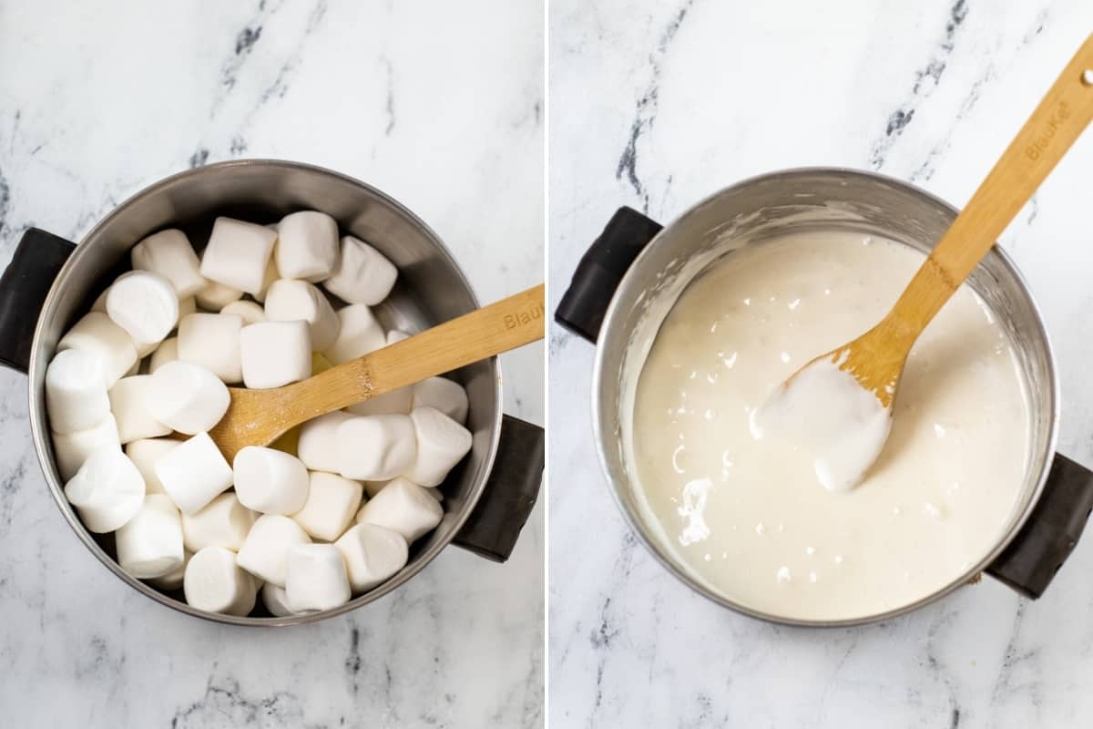 2 image collage: on left, pot with full-size marshmallows and wooden spoon. On right, melted marshmallow mixture in pot