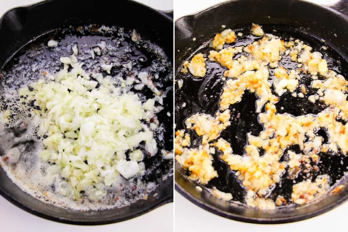 2 image collage. On left: raw diced onions and garlic in skillet. On right: browned onions and garlic in skillet