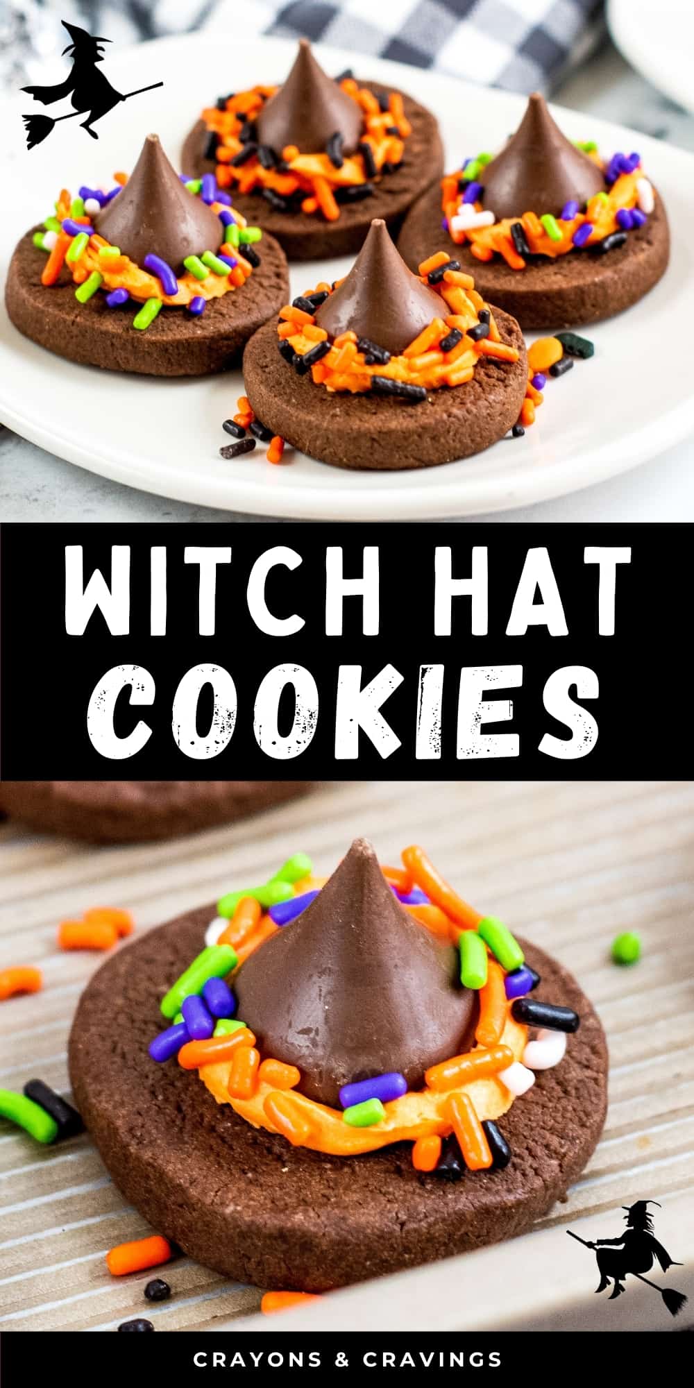 Pinterest Collage Image, reads: Witch Hat Cookies