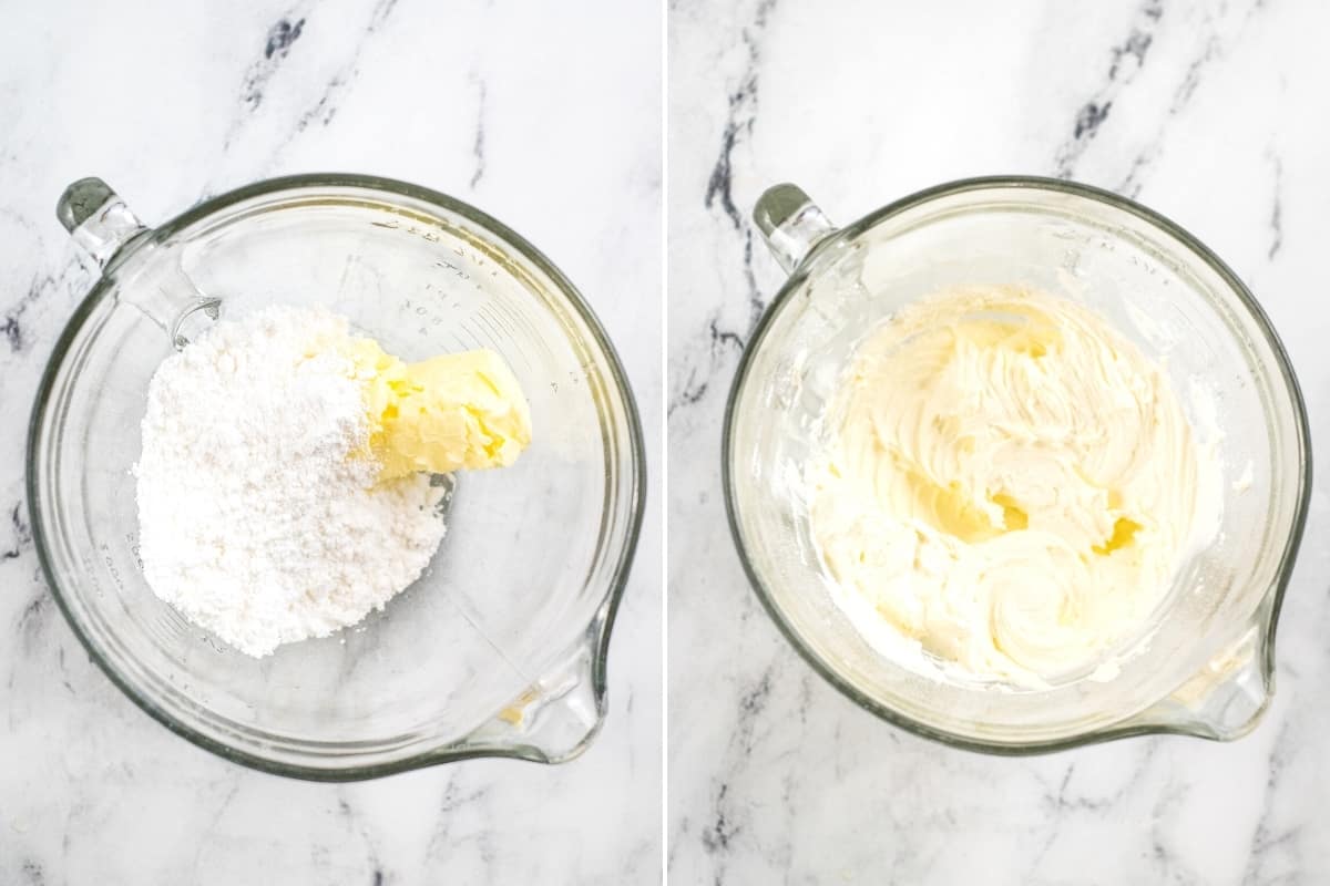Two image collage. On left, powdered sugar and butter in glass bowl. On right, same ingredients but mixed until creamy.