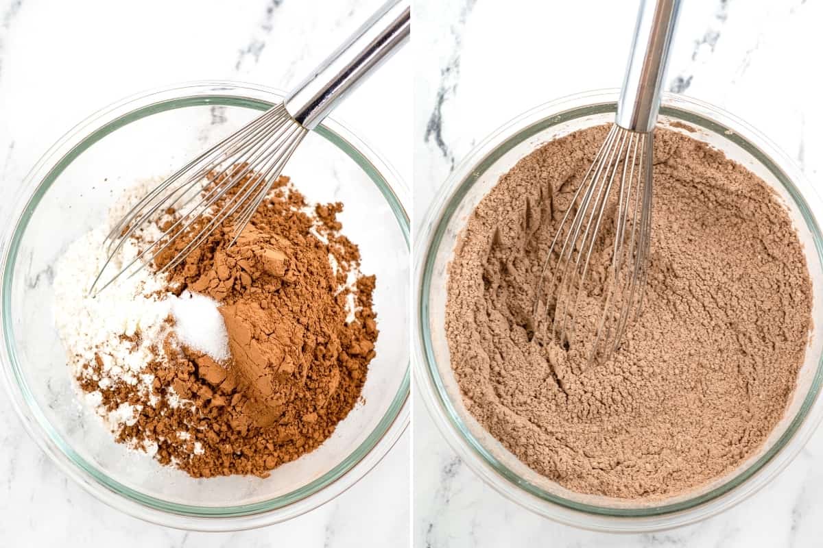 Two image collage. On left, glass mixing bowl with cocoa powder, cornstarch, salt, and baking powder. On right, same but whisked together.