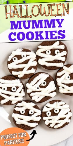 Pinterest image, reads: Halloween Mummy Cookies, Perfect for Parties!