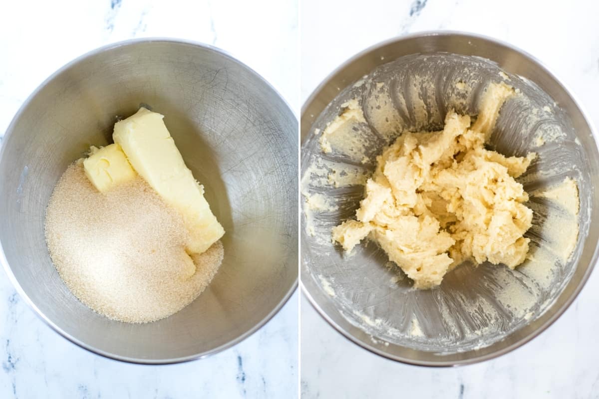 Two image collage. On left, mixing bowl with butter and sugar. On right, blended wet cookie ingredients