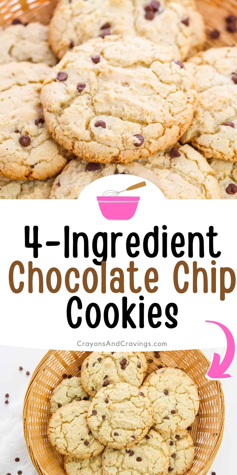 Pinterest graphic, reads: 4 ingredient chocolate chip cookies