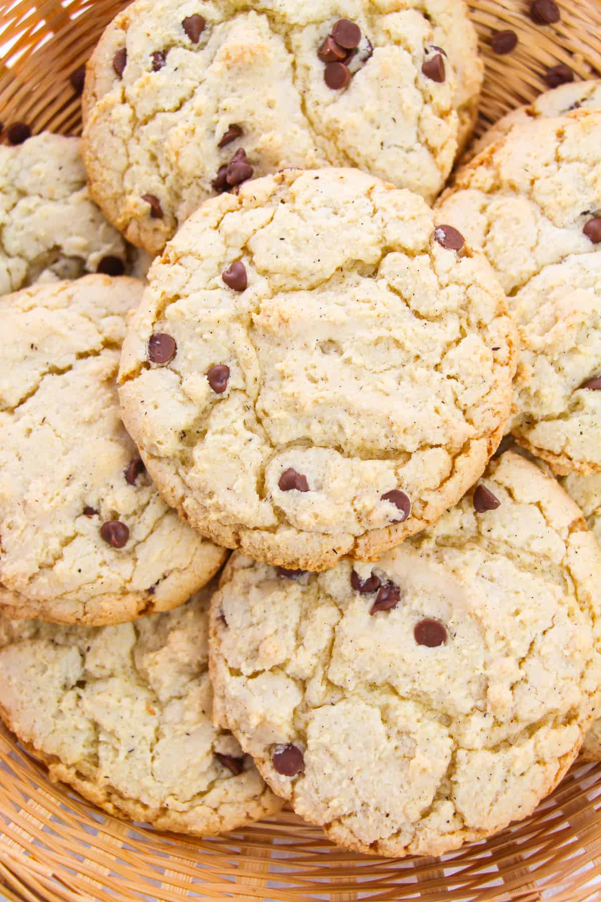 Top-down view of large Chocolate Chip Cake Mix Cookies in serving basket