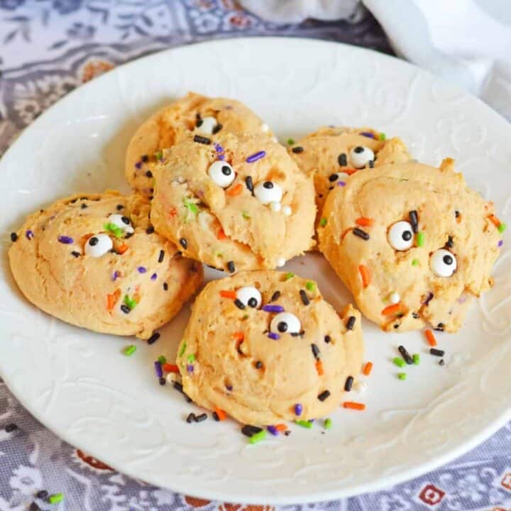 Halloween cake mix cookies with eyeballs and Halloween sprinkles