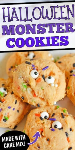 Pinterest image, reads: Halloween Monster Cookies made with Cake Mix