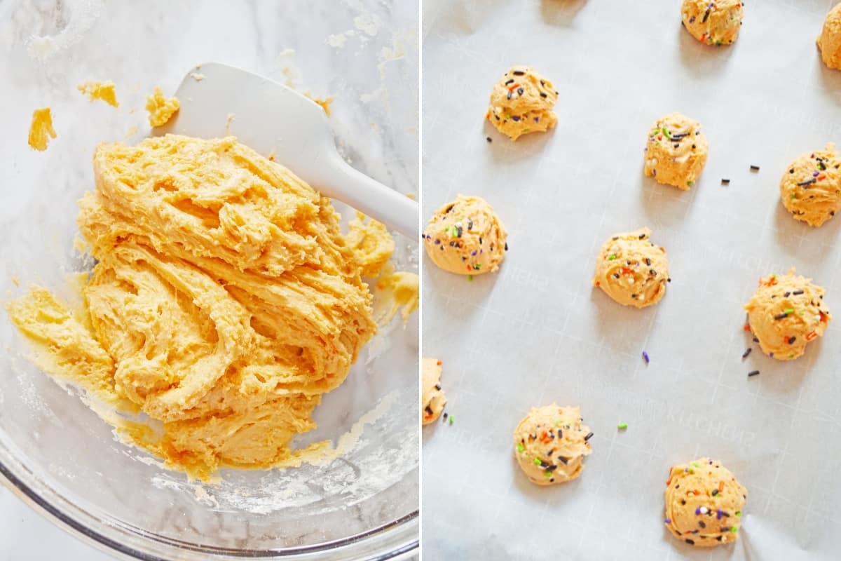 2 image collage. On left: orange cookie dough in ball with spoon. On right: dough is scooped into balls on parchment-lined cookie sheets and topped with colorful Halloween sprinkles.