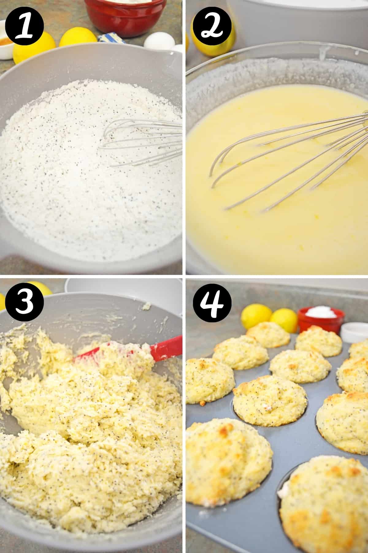 4 image collage with numbered pictures. Picture one: dry ingredients mixed together with wire whisk in a bowl. Picture two: wet ingredients whisked together in another mixing bowl. Picture three: thick lemon poppy seed muffin batter in mixing bowl. Picture four: baked muffins in muffin tin