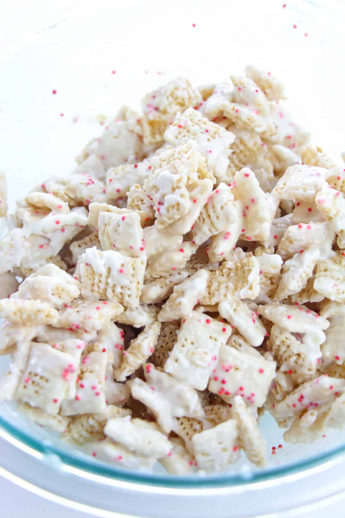 Peppermint bark coated chew in large glass bowl
