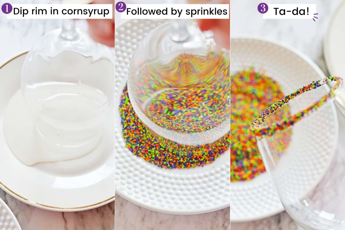Three image collage. Left to right: 1. dip rim in corn syrup, 2. followed by sprinkles, 3. ta-da!