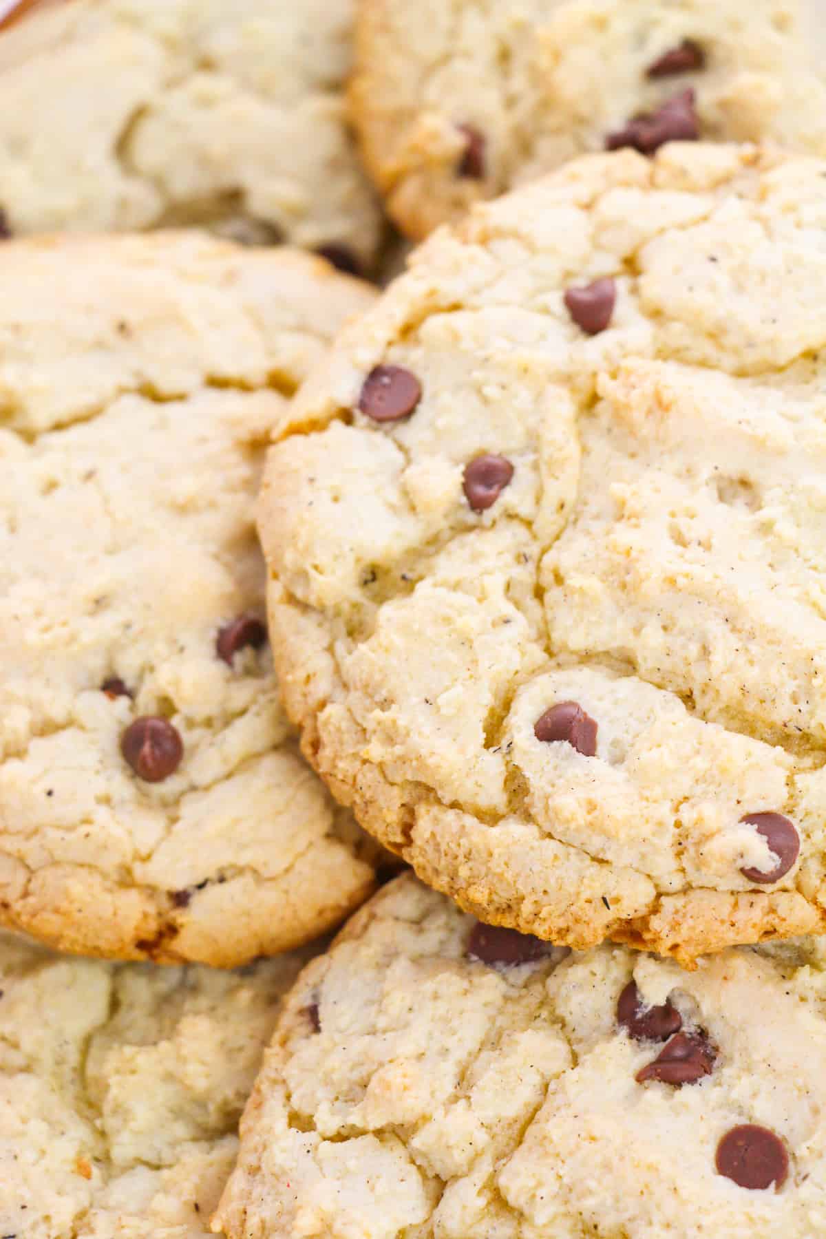 Close-up image of soft chocolate chip cookies with mini chocolate chips