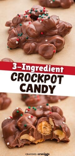Chocolate peanut clusters and bite shot revealing peanuts inside smooth chocolate. Text reads “3-Ingredient Crockpot Candy.”