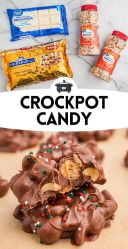 Crockpot Candy pin showing ingredients on countertop: almond bark, chocolate chips, and jars of roasted peanuts. Second image shows a piece of crock pot Christmas candy with a bite taken out, revealing a crunchy peanut center. Text in the middle reads “Crockpot Candy” with a slow cooker icon.