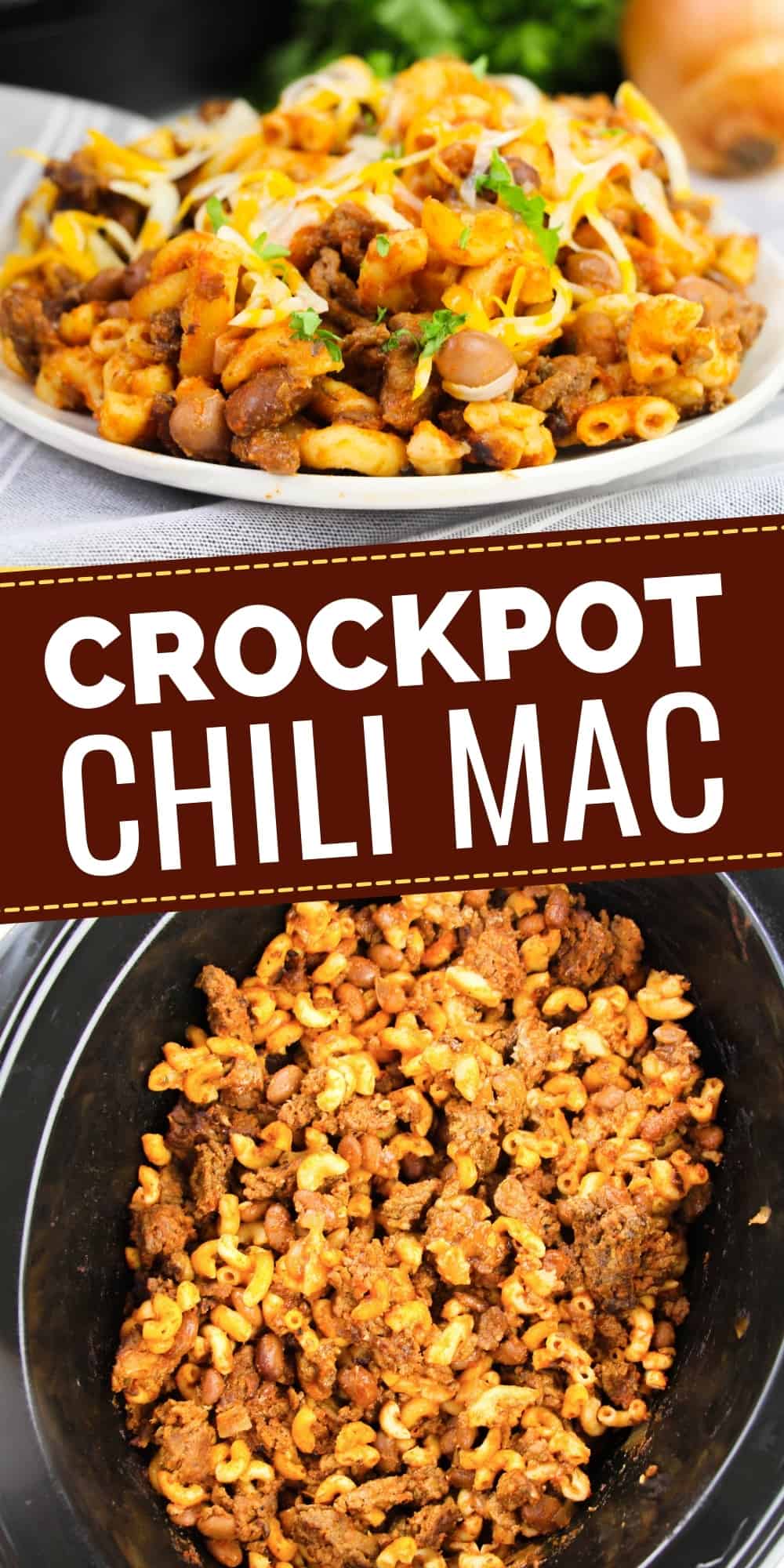 Pinterest image: crockpot chili mac