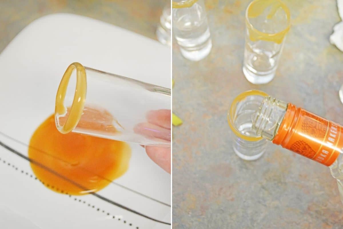 Two image collage. On left, shot glass being dipped in caramel sauce. On right, caramel vodka being poured into rimmed shot glass