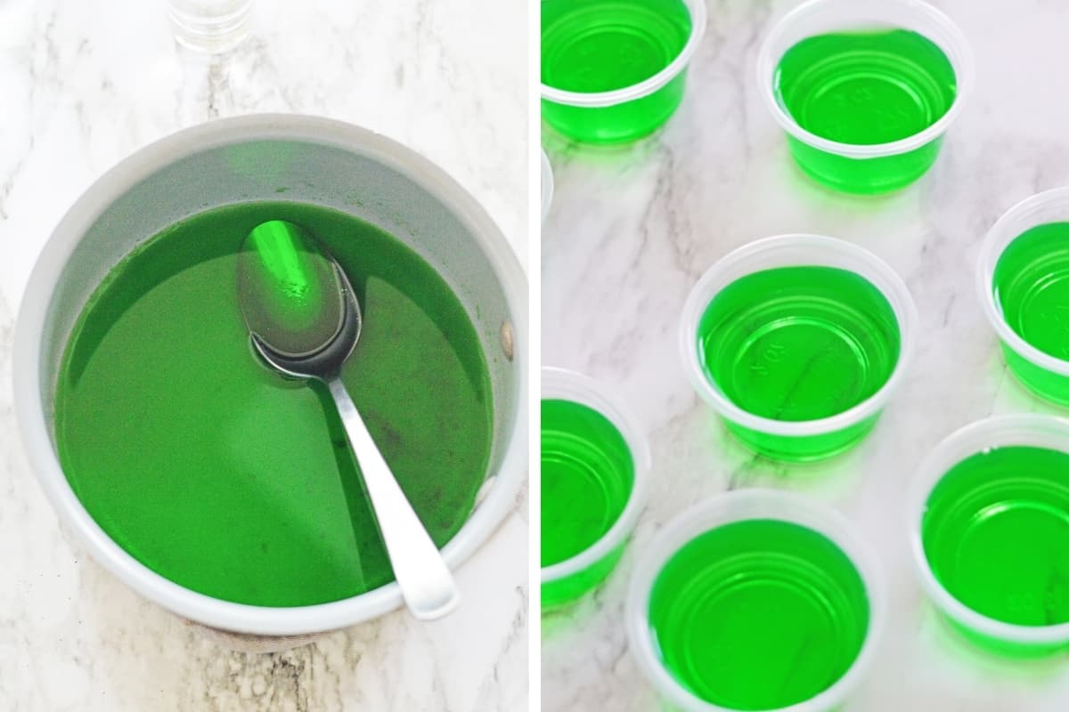 2 image collage: on left, bowl of green jello mixture, on right: green jello shots in plastic cups
