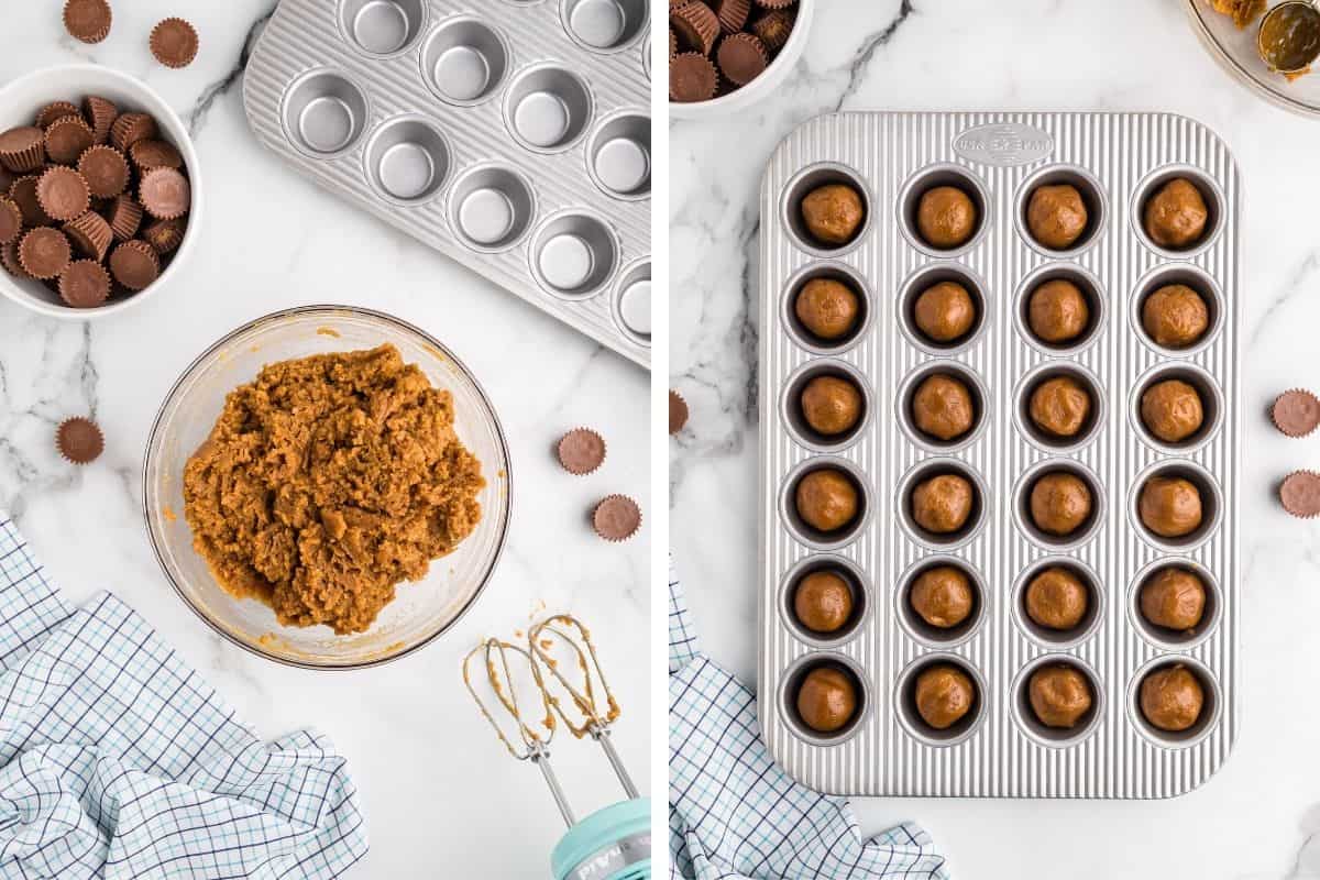 Two image collage. On left: cookie batter in mixing bowl with hand mixer and mini muffin tin next to it. On right, mini muffin tin filled with evenly-sized cookie dough balls