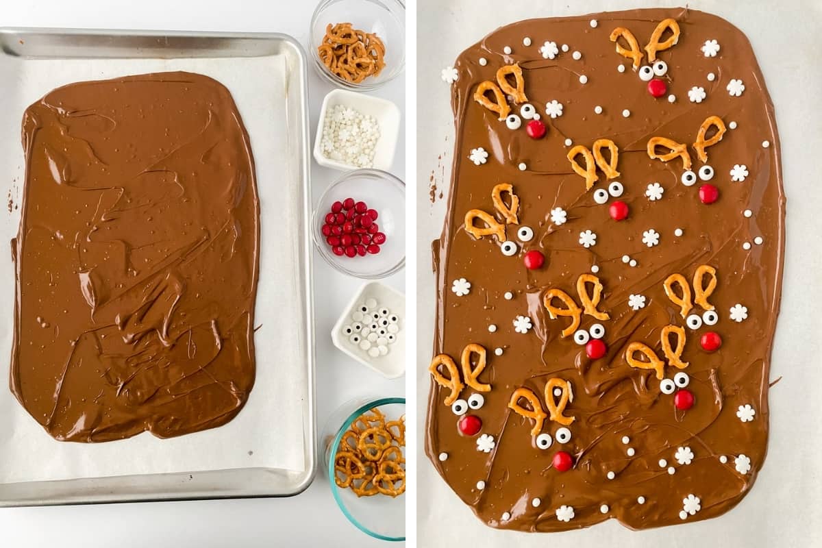 Two image collage. On left, melted chocolate spread on parchment-lined baking sheet with remaining ingredients in bowls next to it. On right: chocolate decorated with reindeer faces and snowflake sprinkles