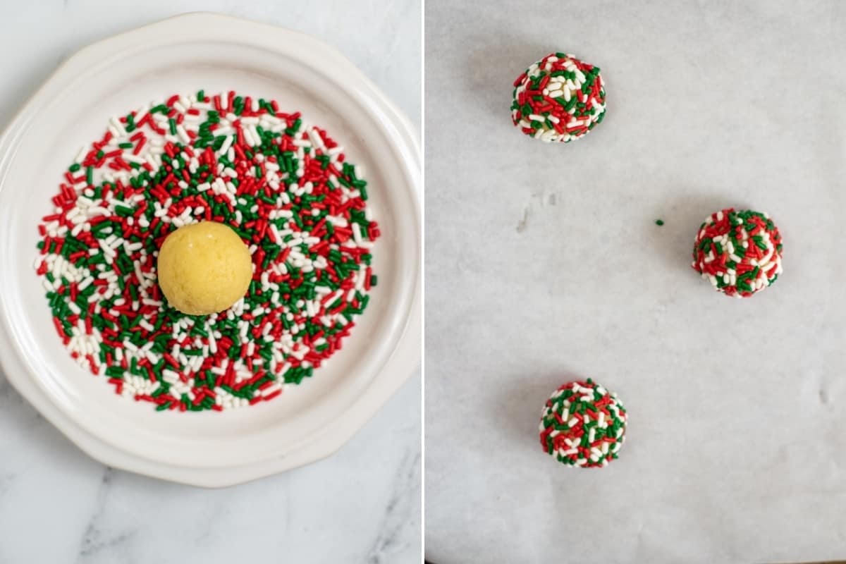 2 image collage. On left: sprinkles on plate with ball of dough in center. On right, sprinkle-covered dough balls on cookie sheet 2 inches apart.
