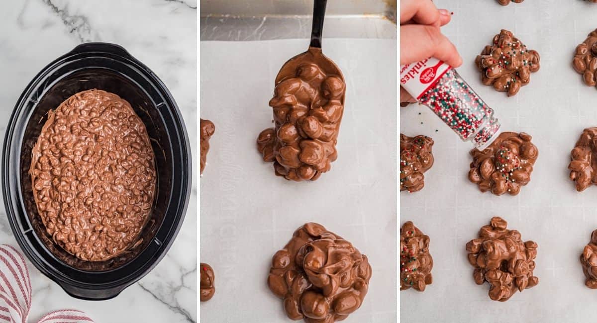Crock pot Christmas candy being scooped and topped with sprinkles.