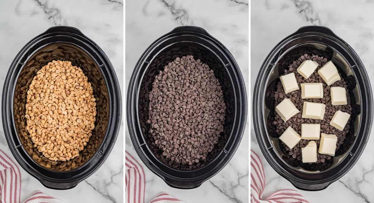 Crockpot candy ingredients layered in a slow cooker: peanuts, chocolate chips, and almond bark.