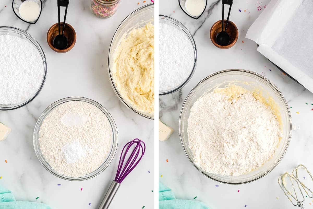 2 image collage. On left, powdered sugar, salt, and baking powder in a small mixing bowl next to whisk. On right, Large glass mixing bowl with dry ingredients added on top of wet ingredients.
